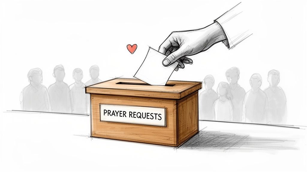 A hand places a prayer request into a wooden box labeled 'PRAYER REQUESTS', with a heart and blurred people.