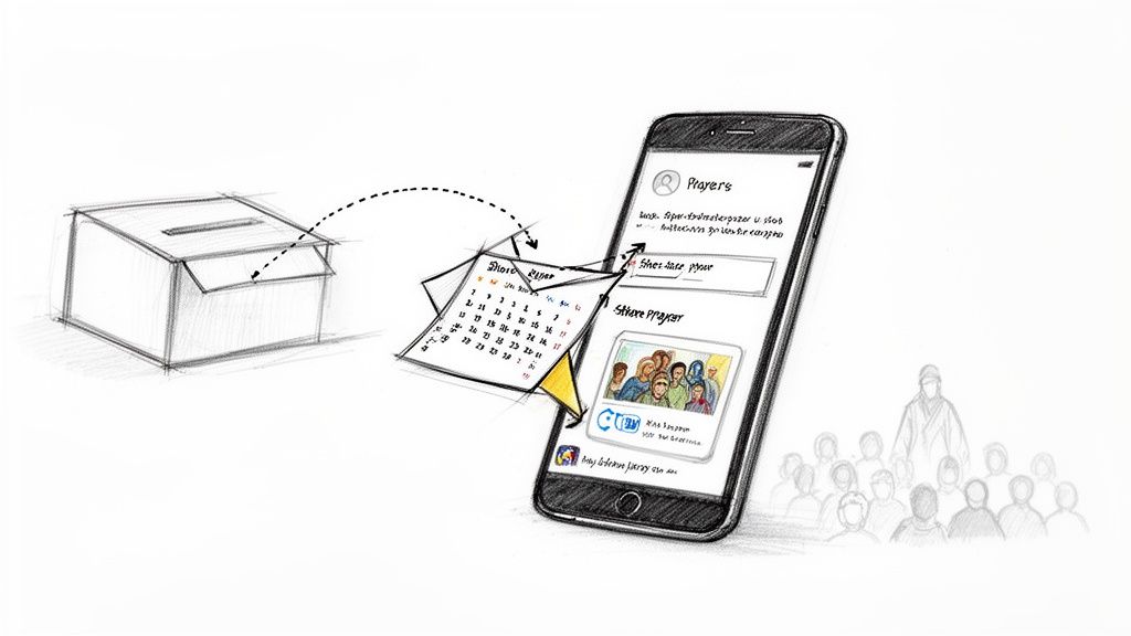 Hand-drawn sketch of a smartphone app, calendar, and prayer box, connecting physical and digital prayer requests.