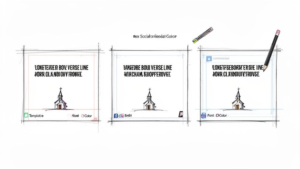 Three social media design templates with church illustrations, placeholder text, and customization options.