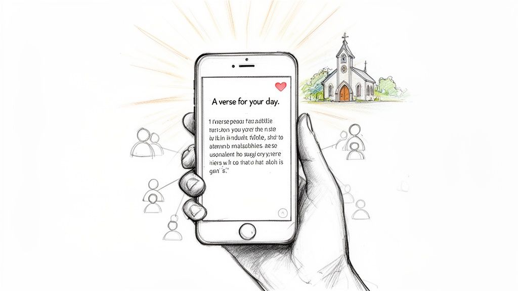 Sketch of a hand holding a smartphone displaying a Bible verse, connected to a church and community.