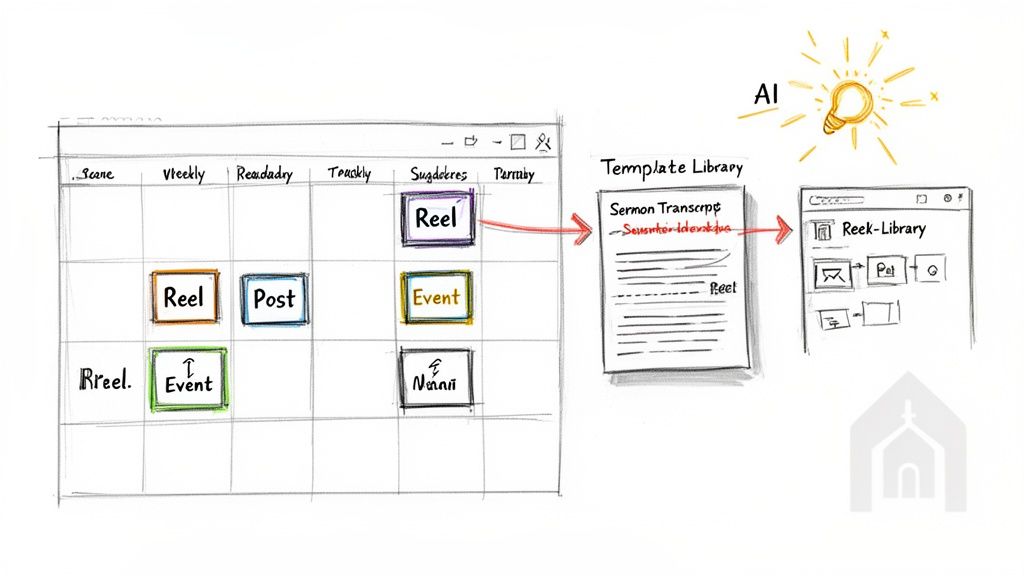 Diagram illustrating an AI workflow for generating social media reels from sermon transcripts using a template library.
