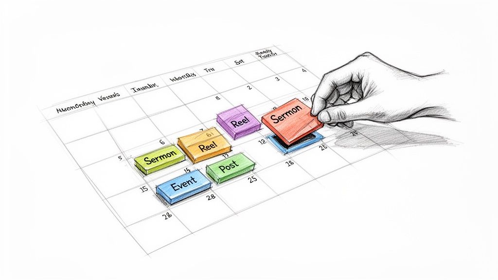Hand placing a 'Sermon' block on a calendar, planning various church content.