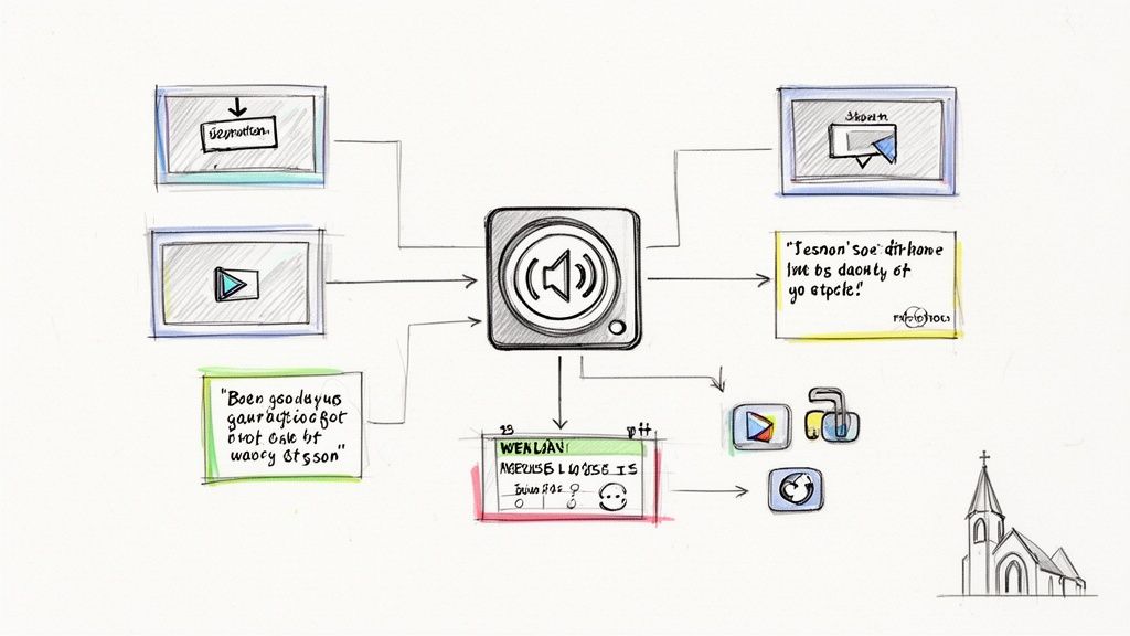 A hand-drawn diagram illustrating inputs to a central speaker icon, with outputs like text, apps, and a church.