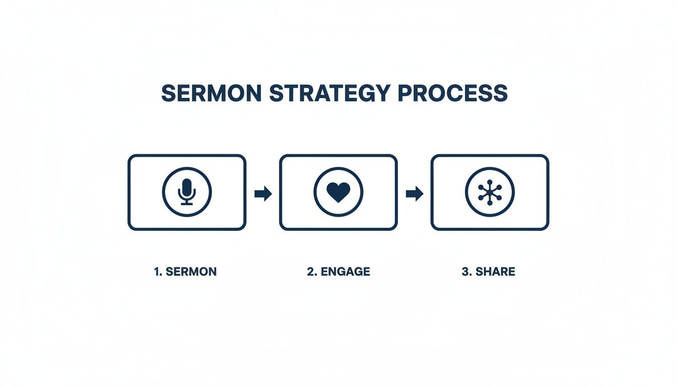 Diagram showing a three-step sermon strategy process: Sermon, Engage, Share with icons.