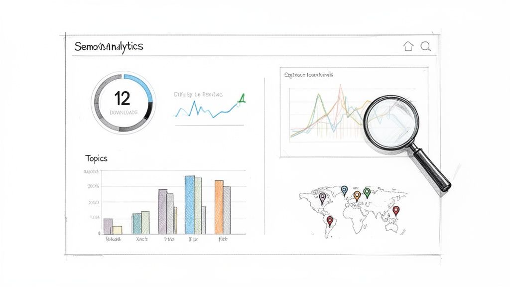 A sketch of an analytics dashboard featuring download count, graphs, a world map, and a magnifying glass.