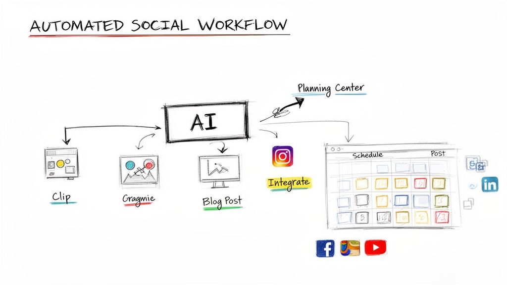 An automated social media workflow diagram showing AI generating content and scheduling posts across various platforms.