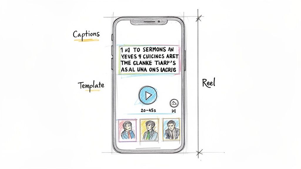 A hand-drawn sketch of a mobile phone app design for video content, featuring captions, a play button, and user profiles.