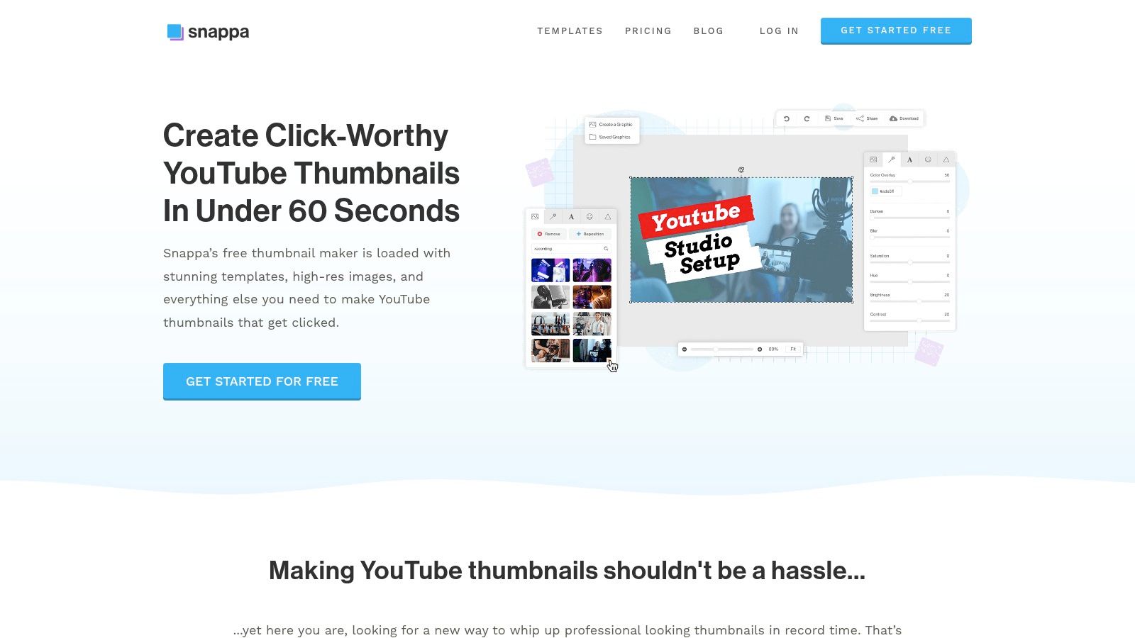 A screenshot of the Snappa user interface. It shows a YouTube thumbnail template for a sermon titled "FINDING HOPE IN UNCERTAIN TIMES." The editor has a simple layout with design tools and asset libraries visible on the left side.