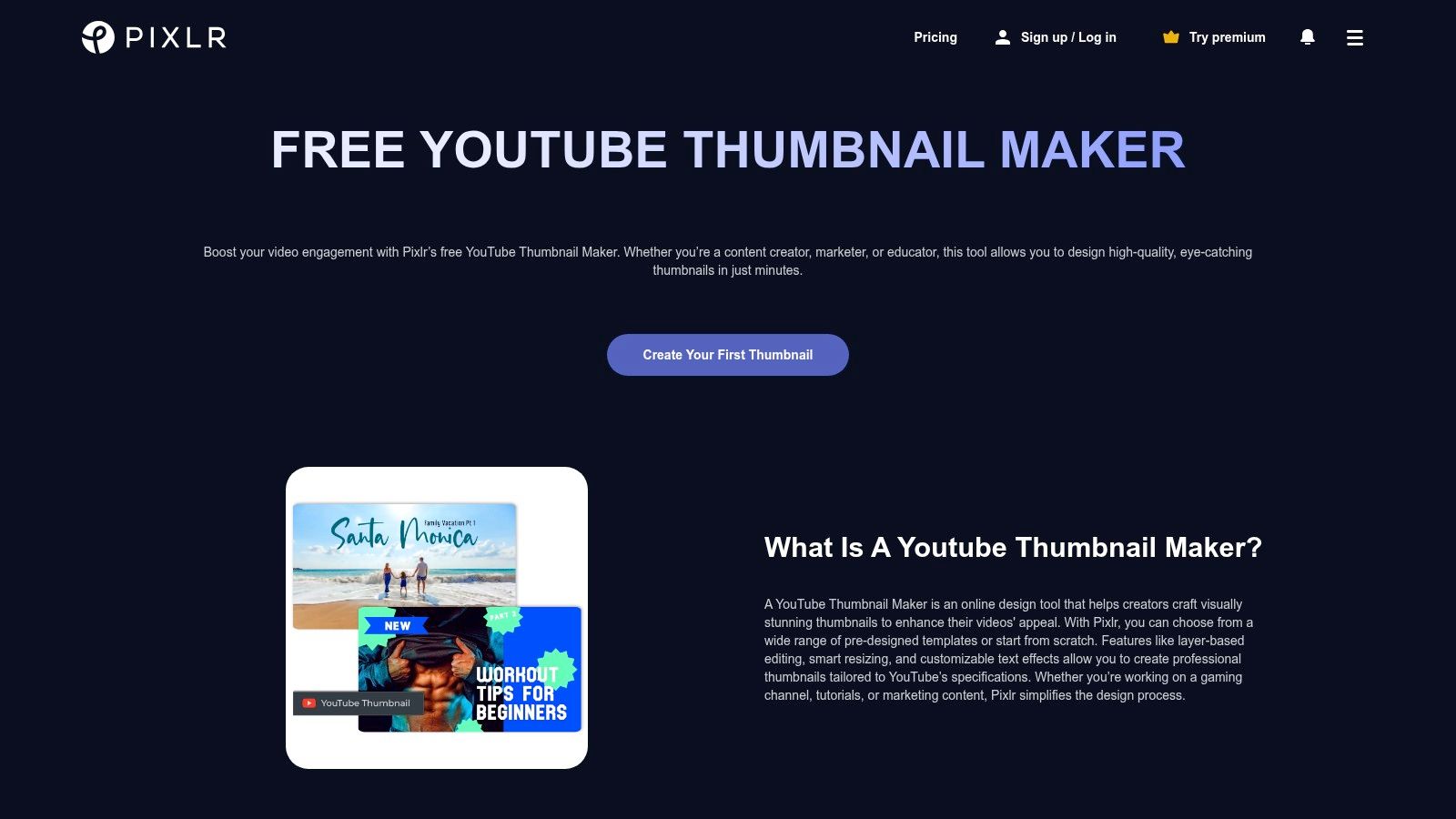 Pixlr's YouTube thumbnail maker interface, showing various templates on the left and a central editing canvas with a sample thumbnail design. The design features a bold title and a placeholder for an image.
