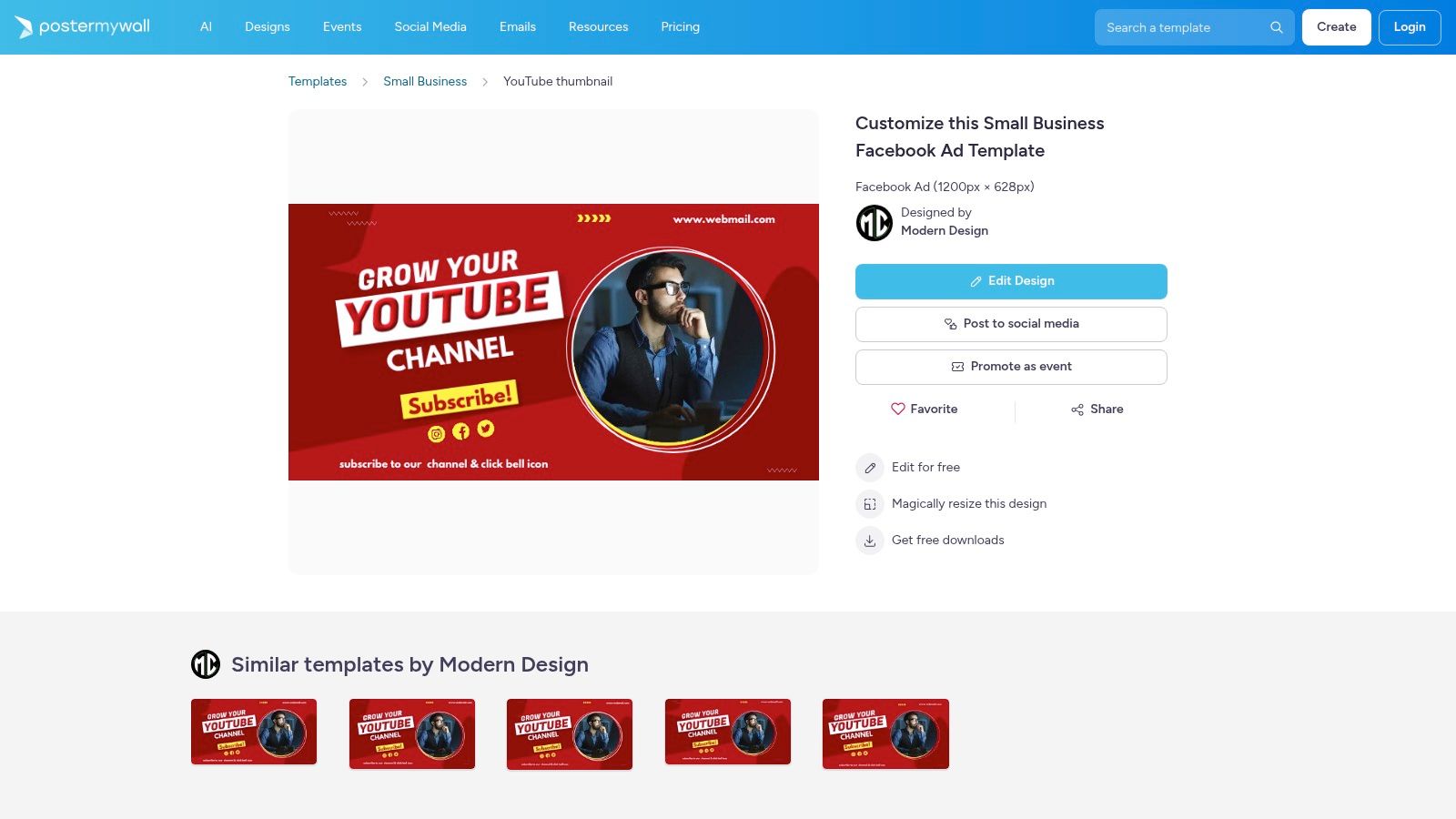 A screenshot of the PosterMyWall interface showing a YouTube thumbnail template. The template has a dark background with orange and white text that reads "LIVE STREAM" and provides space for a date and time.