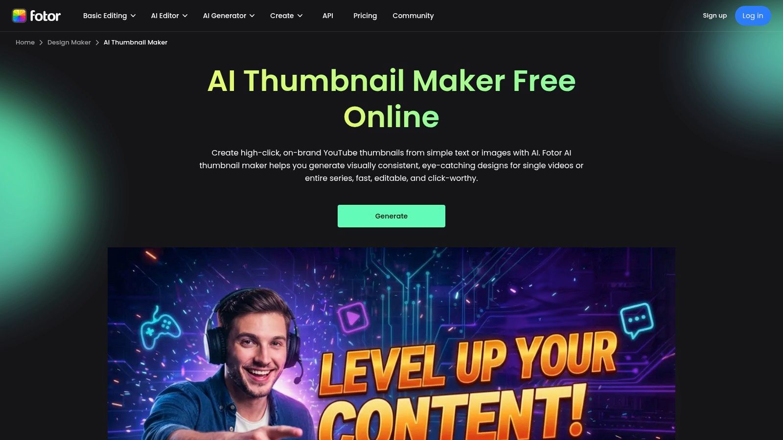 Fotor's AI Thumbnail Maker interface showing options to generate a thumbnail from text or an image. The screen displays an example prompt "A thumbnail for a YouTube video about traveling" with generated image results below.