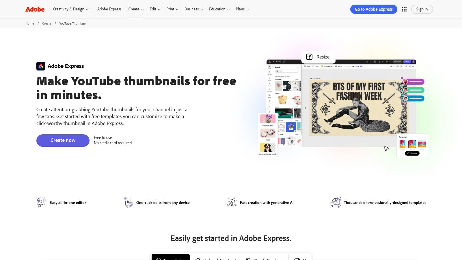 A screenshot of the Adobe Express interface. A YouTube thumbnail template is open for editing, showing a design with a bold title and placeholders for images and text. The left panel displays options for templates, text, photos, and other design assets.