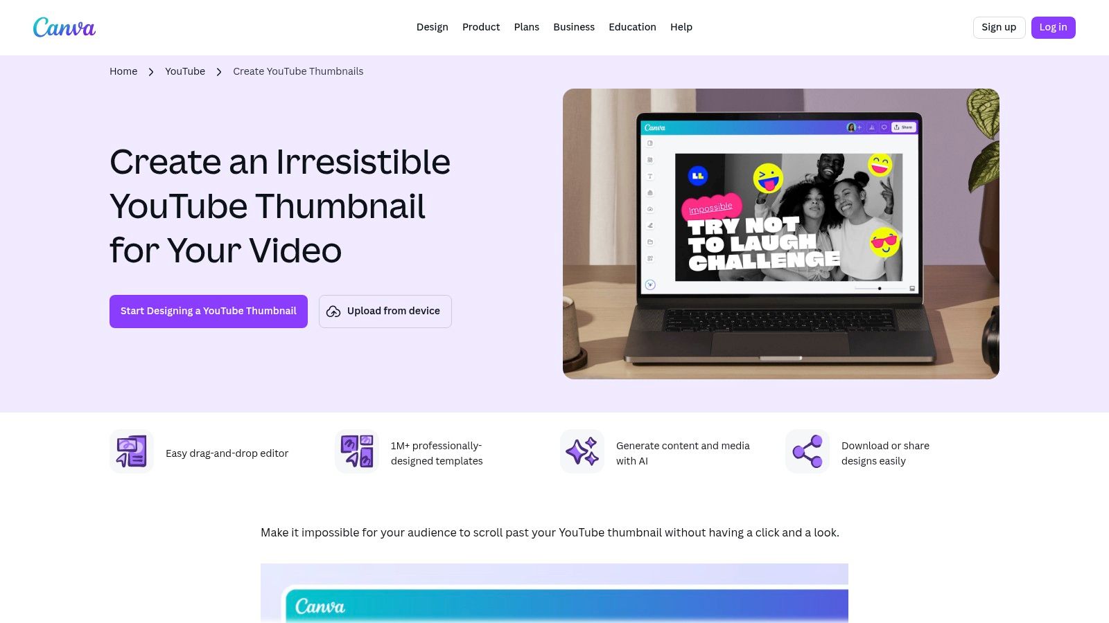 A screenshot showing the Canva user interface with a YouTube thumbnail template being edited. The template features a bold title "HOW TO START A YOUTUBE CHANNEL" over a background image of a camera lens. The left sidebar displays various design elements and tools available in Canva.