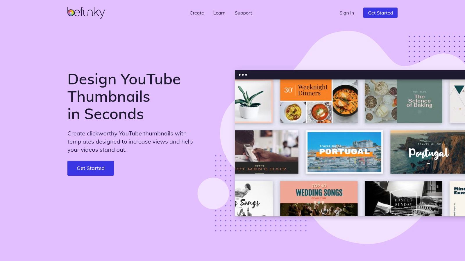 A screenshot of the BeFunky YouTube thumbnail maker. The interface shows a template with the text "WINTER VLOG" over a snowy mountain background. On the left, a toolbar displays options like 'Image Manager,' 'Text,' 'Graphics,' and 'Effects.' The design is clean and focused.