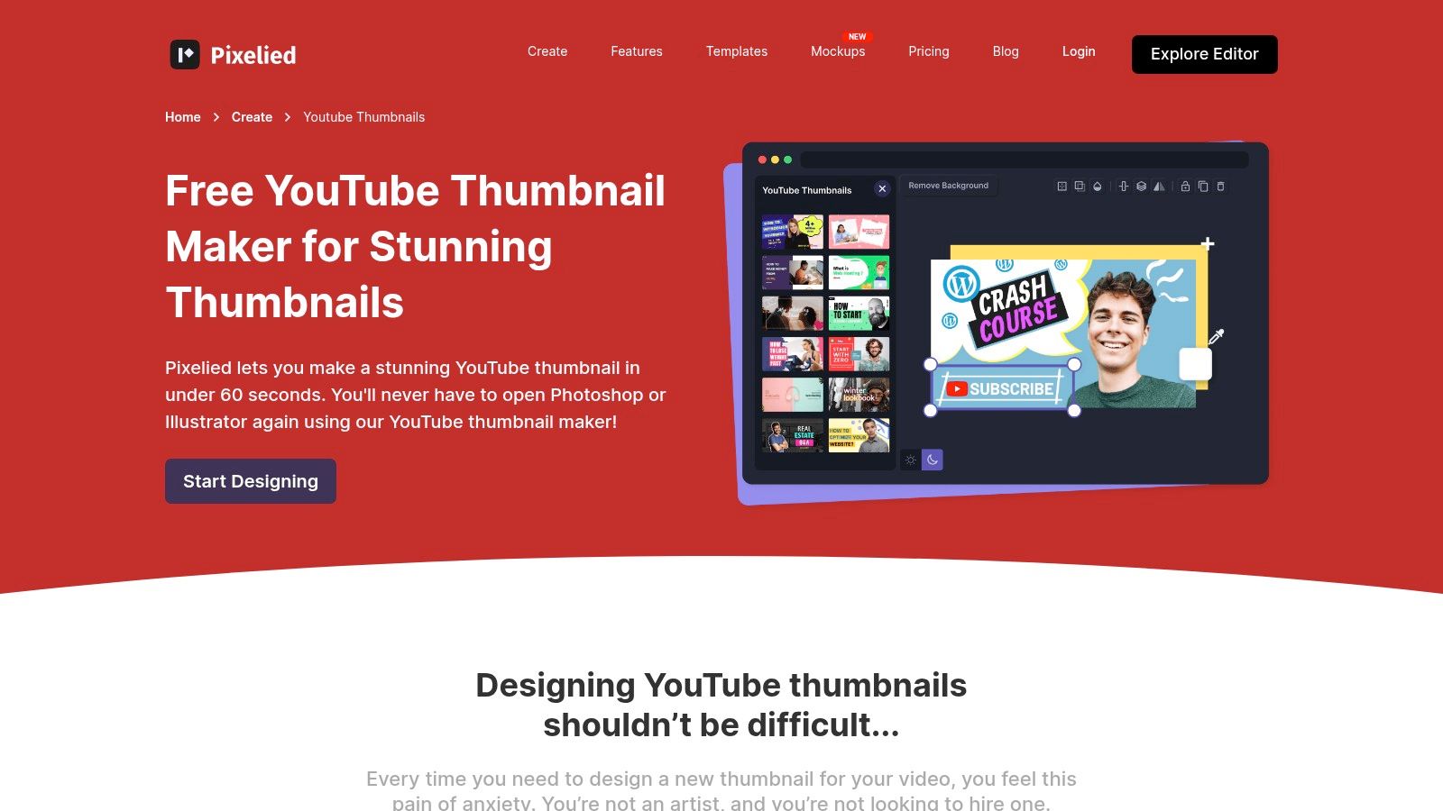A screenshot of the Pixelied YouTube Thumbnail Maker. The main editing canvas shows a template with the text "HOW TO MAKE A YOUTUBE THUMBNAIL" over a colorful abstract background. The left sidebar displays template options, images, text tools, and other design elements.