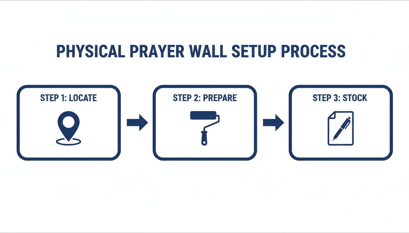 A three-step infographic outlines the physical prayer wall setup process: locate, prepare, and stock.