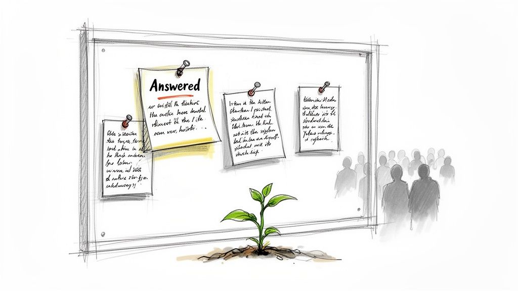 A sketch of a whiteboard displaying notes, one titled 'Answered,' with a plant growing below and a crowd.