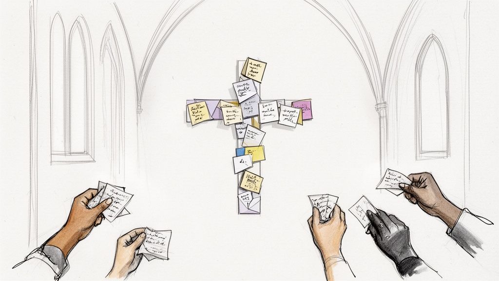 A sketch of a whiteboard displaying notes and a cross made of notes in a church.