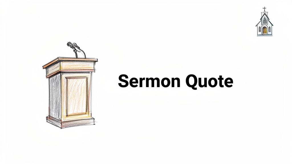 A cartoon drawing of a wooden pulpit with microphones and the text 'Sermon Quote'.