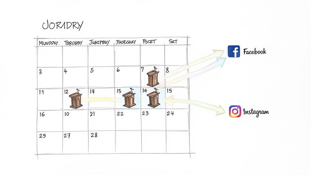 A calendar showing days with pulpit icons, indicating scheduled content to be published on Facebook and Instagram.