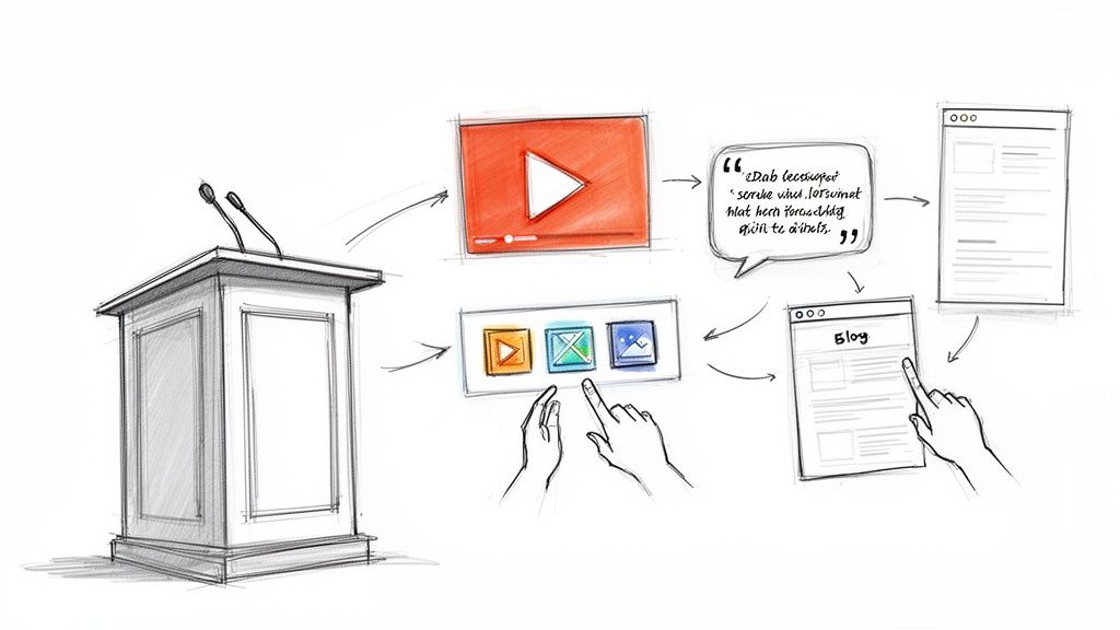 Hand-drawn diagram illustrating a live presentation's content transformed into digital media like video and blog posts.