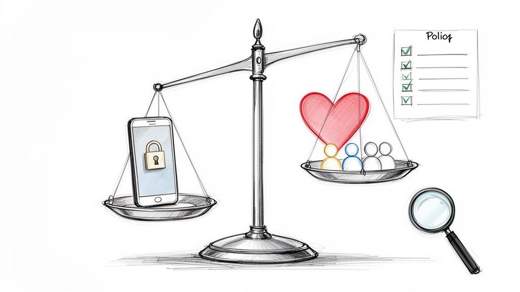 A balance scale weighs a locked smartphone against a heart and human figures, with policies and a magnifying glass.