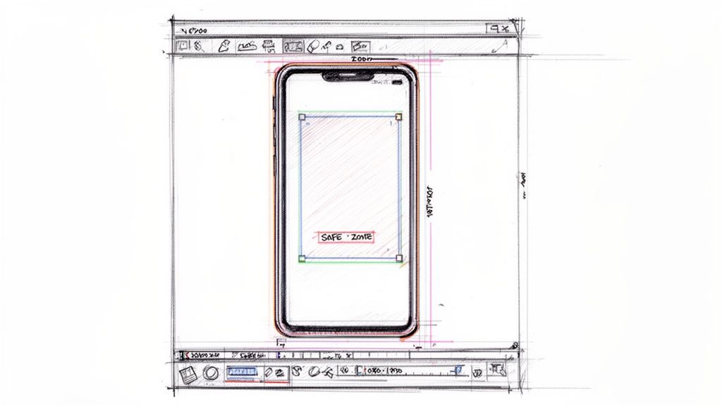 A hand-drawn sketch of a smartphone mockup displaying a marked safe zone on a workspace interface.