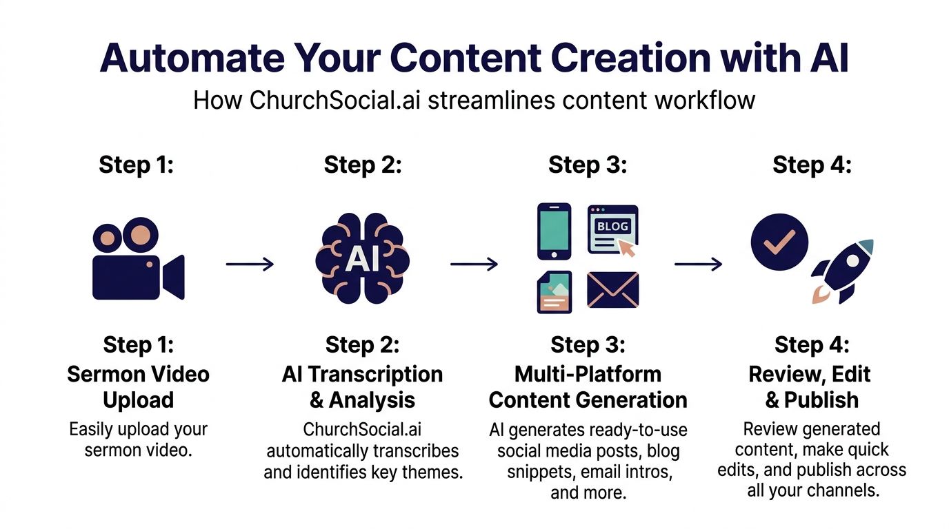 A four-step infographic explaining how ChurchSocial.ai automates church content creation using AI video processing technology.