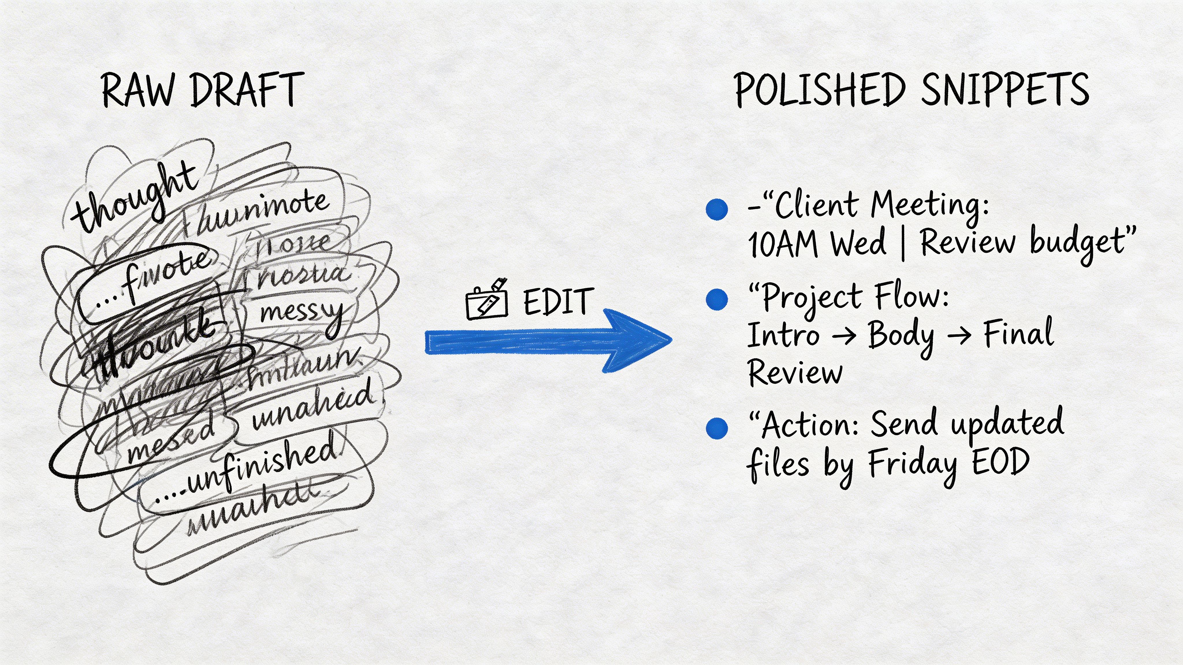 A diagram comparing a chaotic raw draft of scribbles to a structured list of polished snippets.