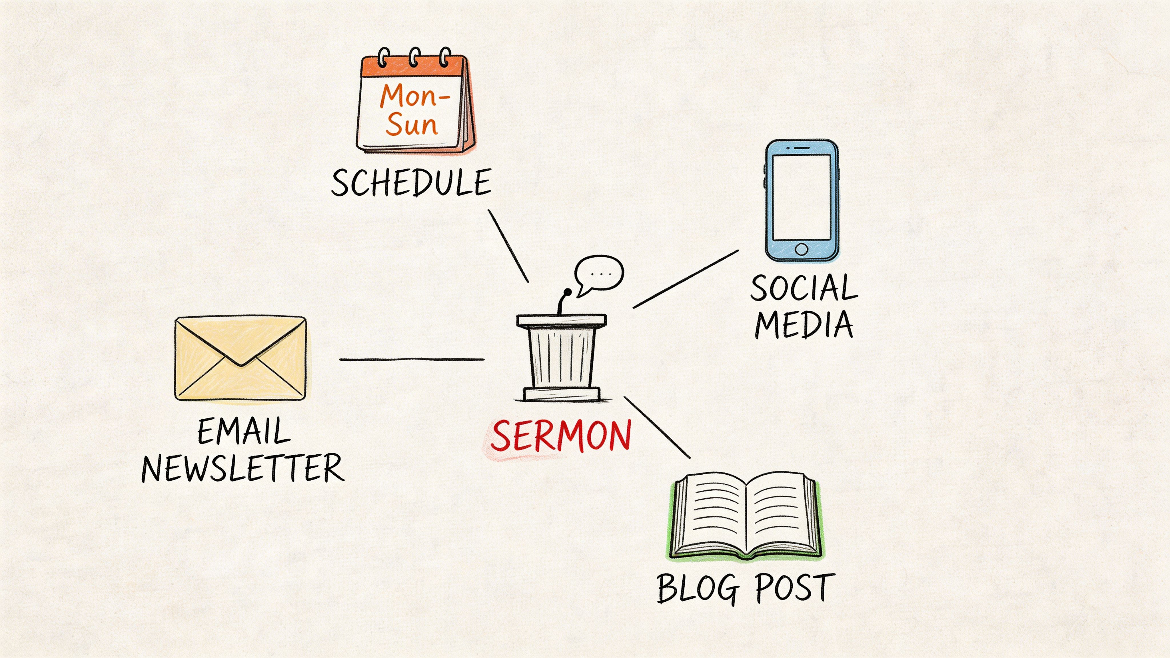 A diagram illustrating the repurposing of a church sermon into various digital formats like newsletters, social media, and blogs.
