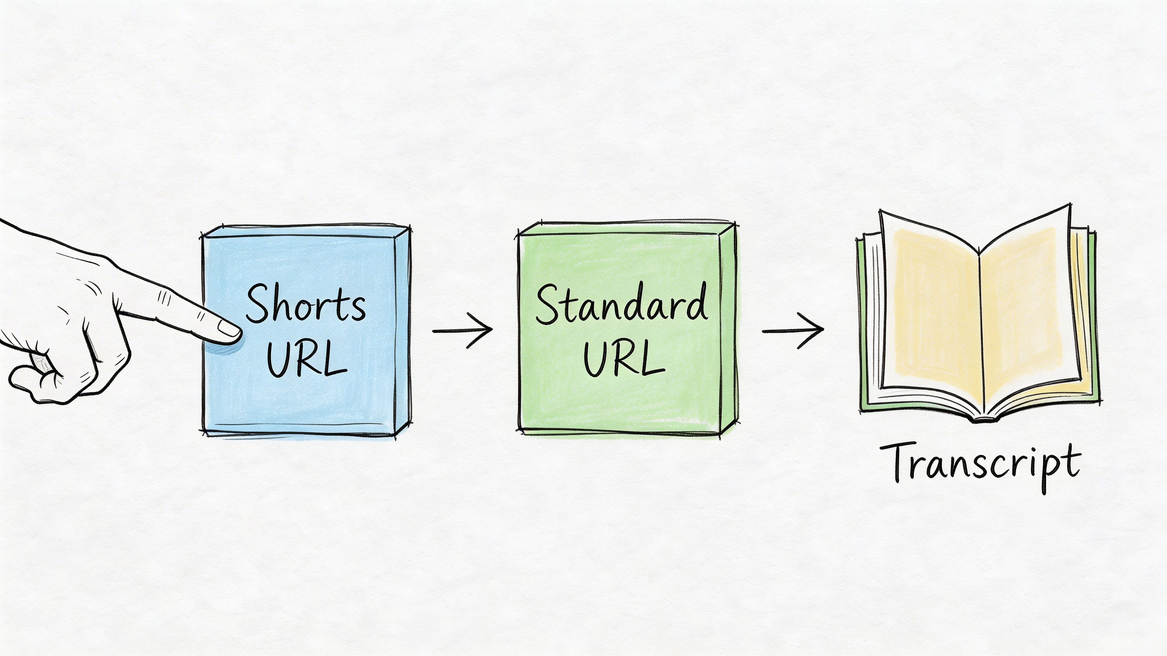 A hand pointing to a flow chart showing a Shorts URL converting to a Standard URL then to a transcript.