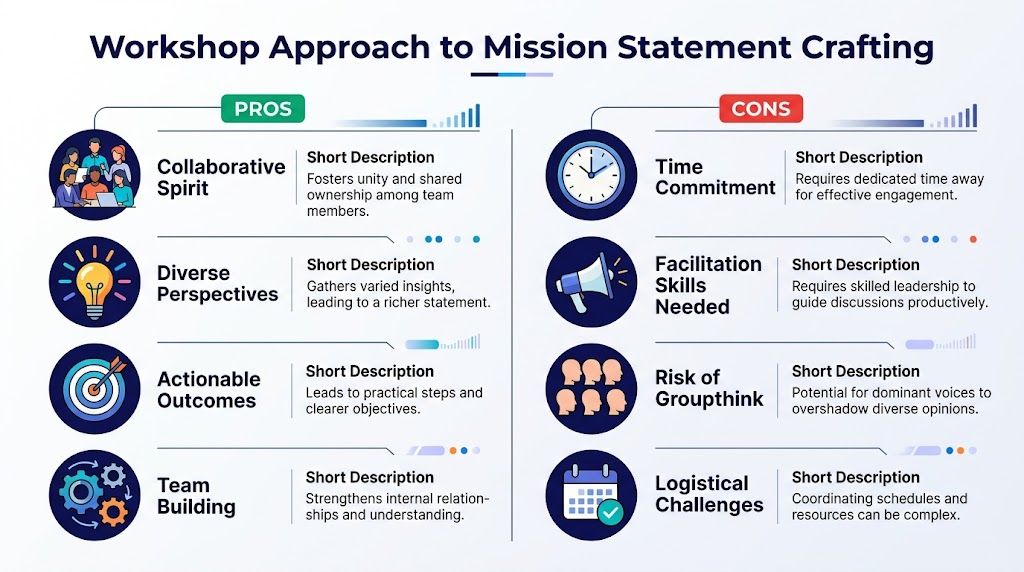 A comparison chart outlining the pros and cons of using a workshop approach for mission statement crafting.