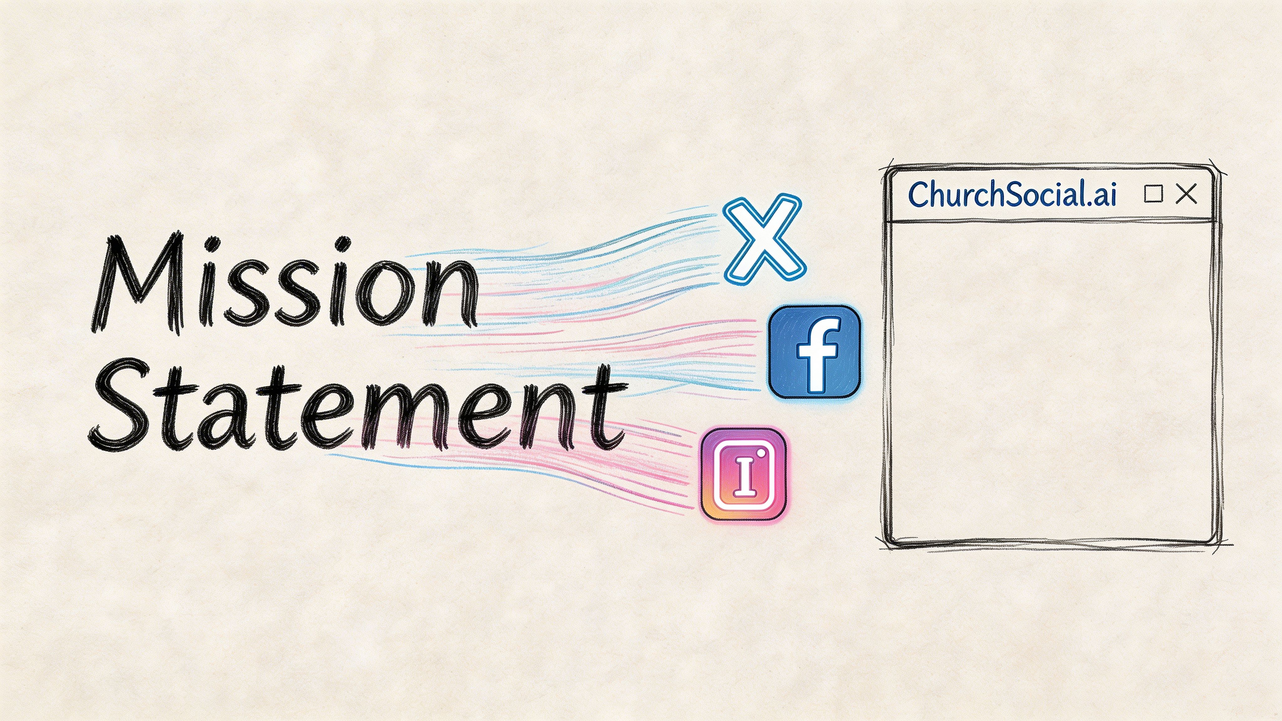 A creative illustration connecting a mission statement to various social media platforms and a website interface.
