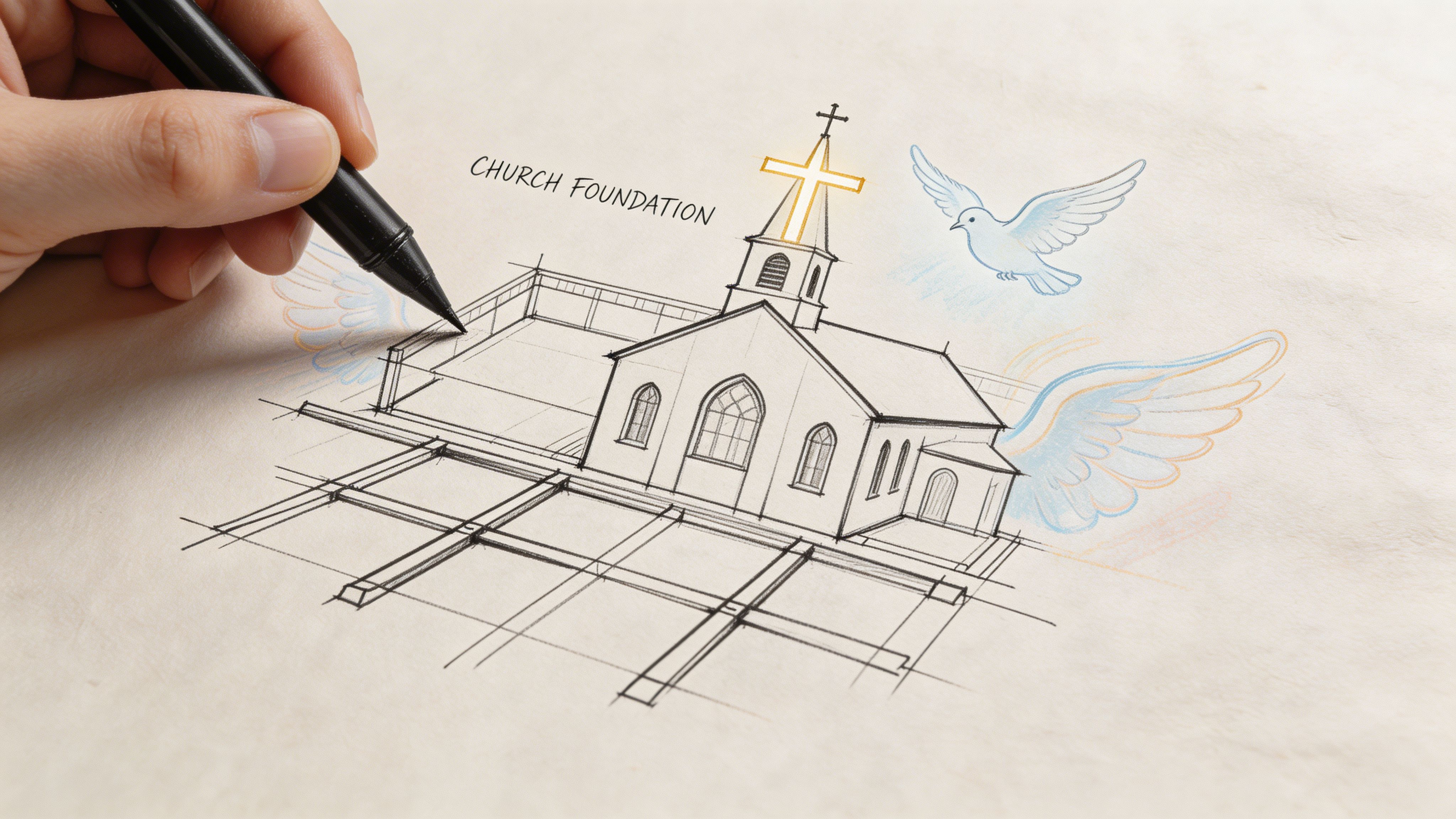 A hand sketching a detailed architectural blueprint of a church building featuring a cross and doves.