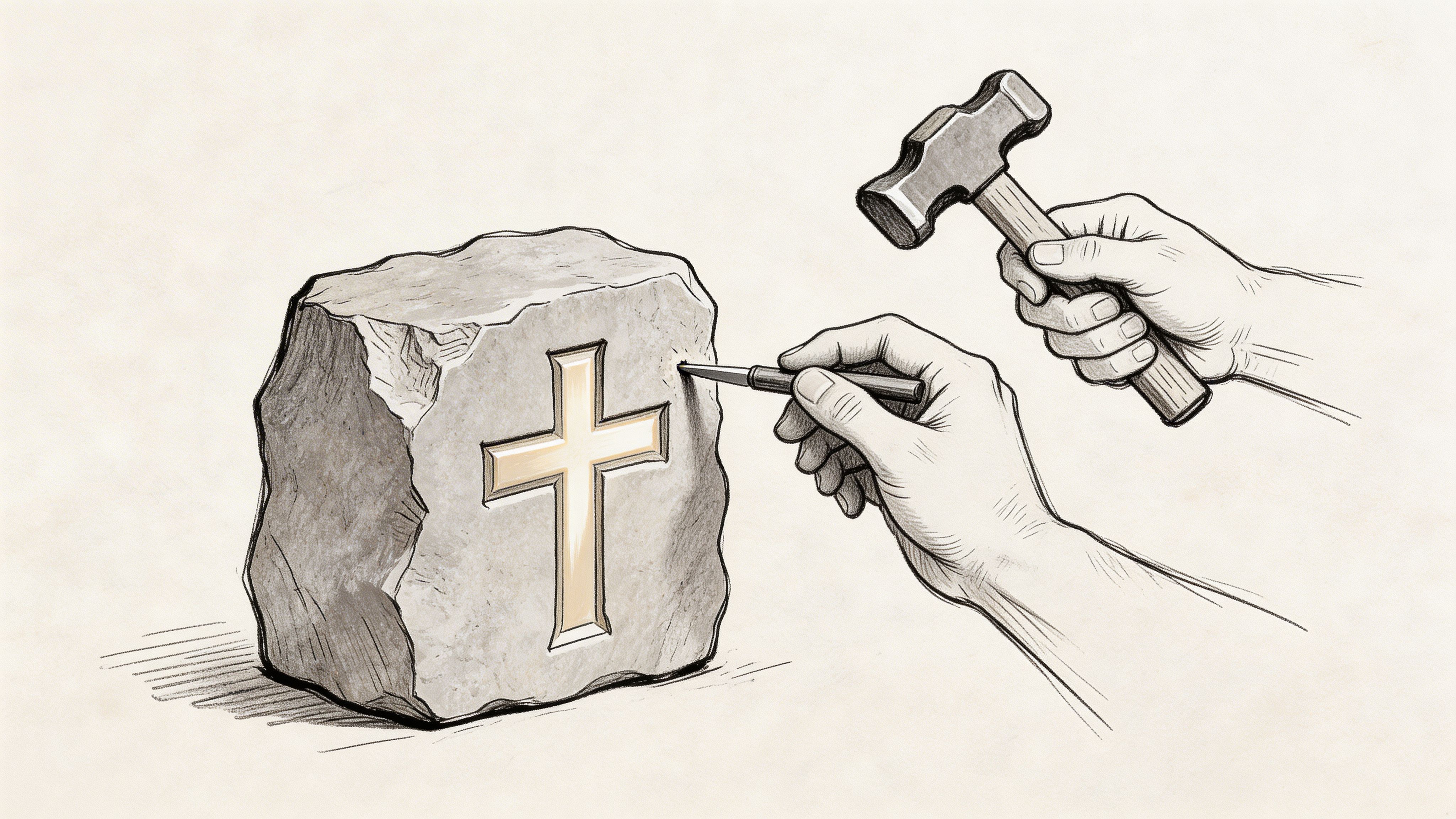A pencil sketch of a hand carving a cross symbol into a large stone block using tools.