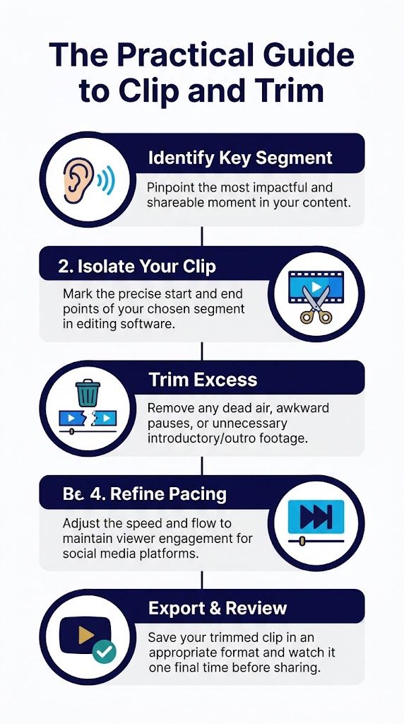 An infographic titled The Practical Guide to Clip and Trim showing five steps for editing video content.