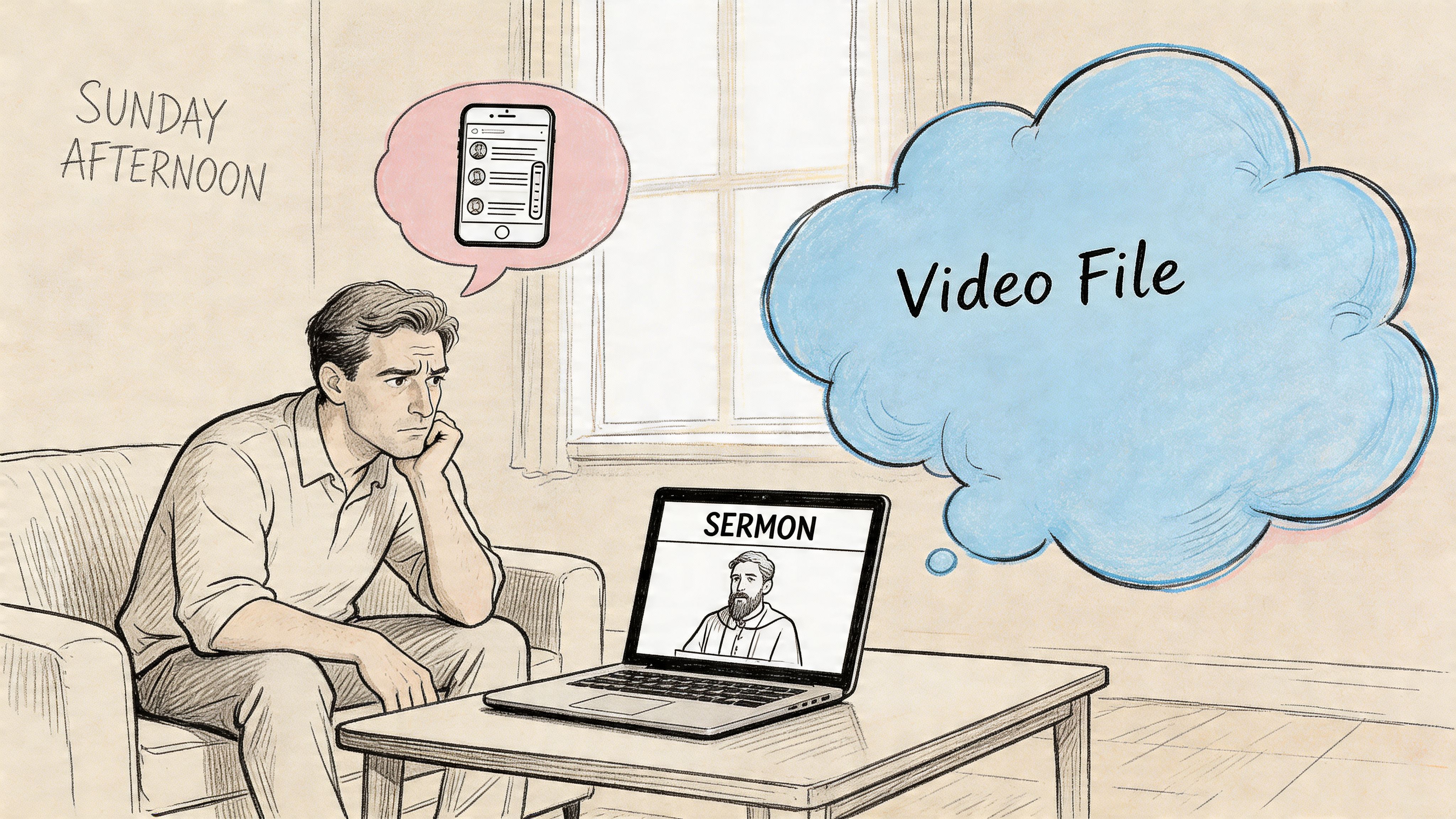 A man sits on a sofa, looking thoughtful while watching a sermon video on his laptop.