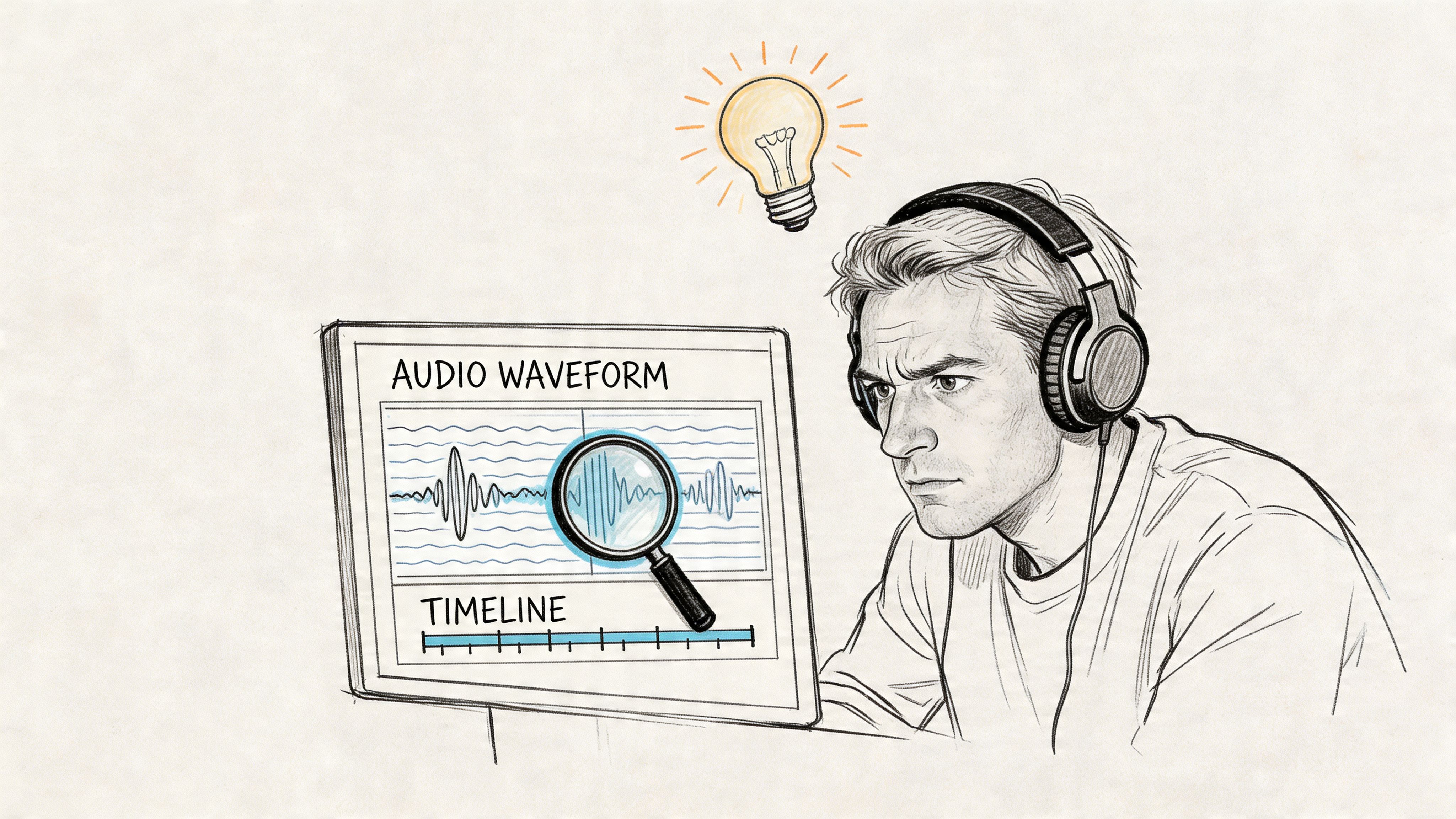 A man wearing headphones analyzes an audio waveform on a computer screen using a magnifying glass.