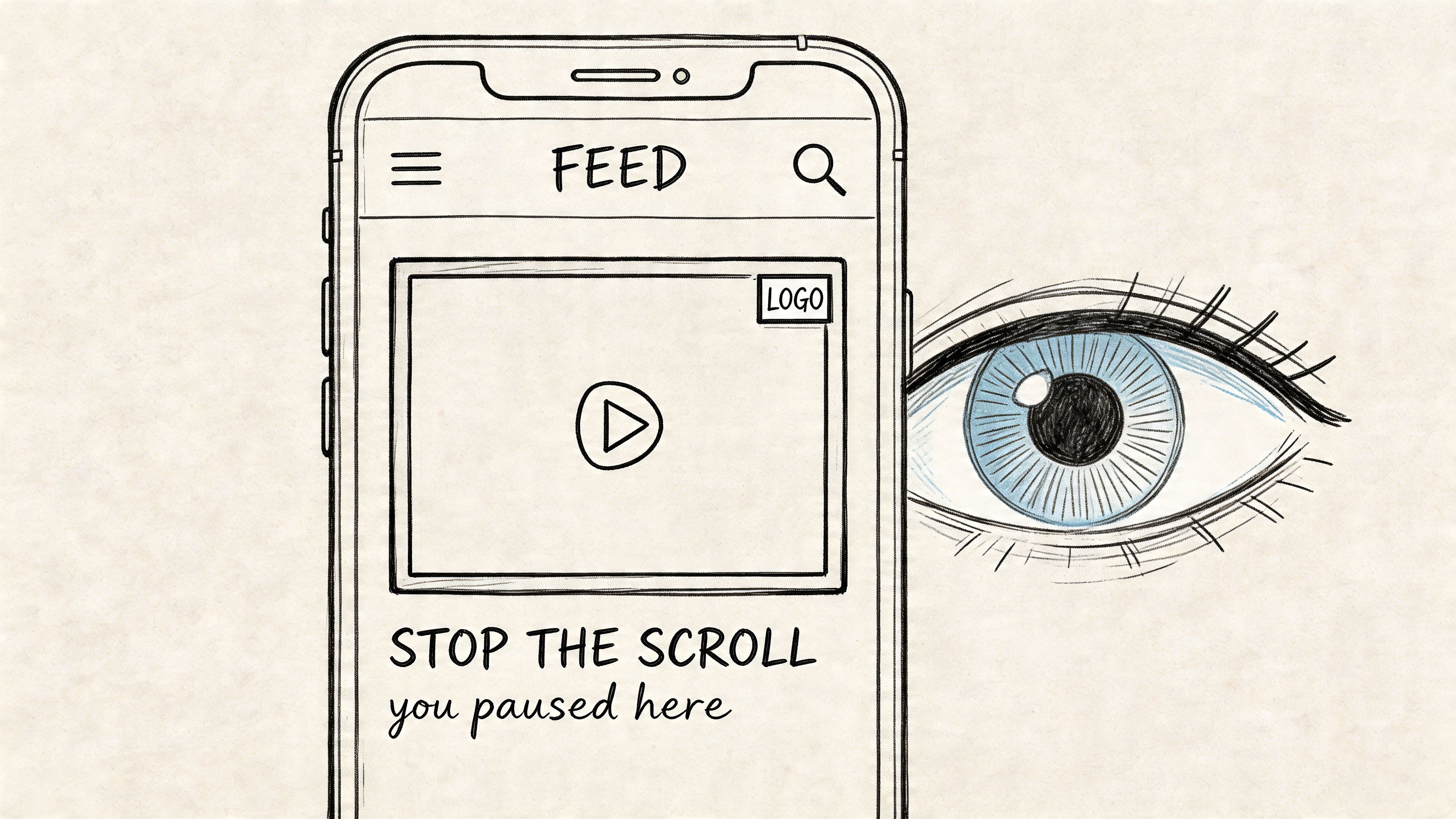 A hand-drawn sketch of a mobile phone displaying a video feed next to an observant human eye.