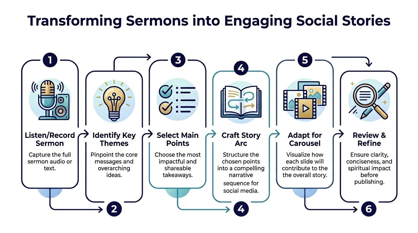 A flowchart showing six sequential steps to transform church sermons into engaging social media carousel content.