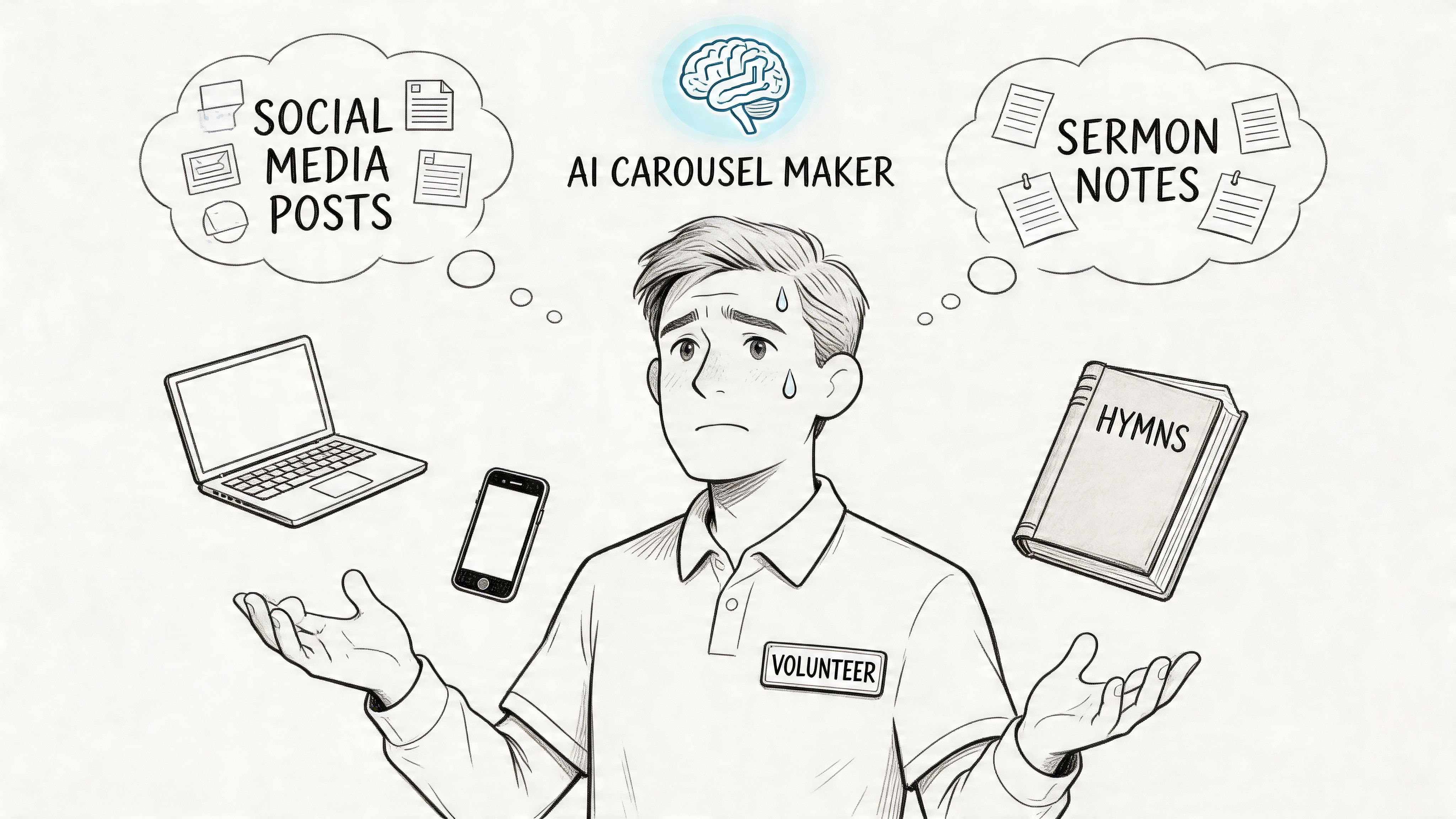 A stressed volunteer juggling tasks like social media posts, sermon notes, and hymn books for church.