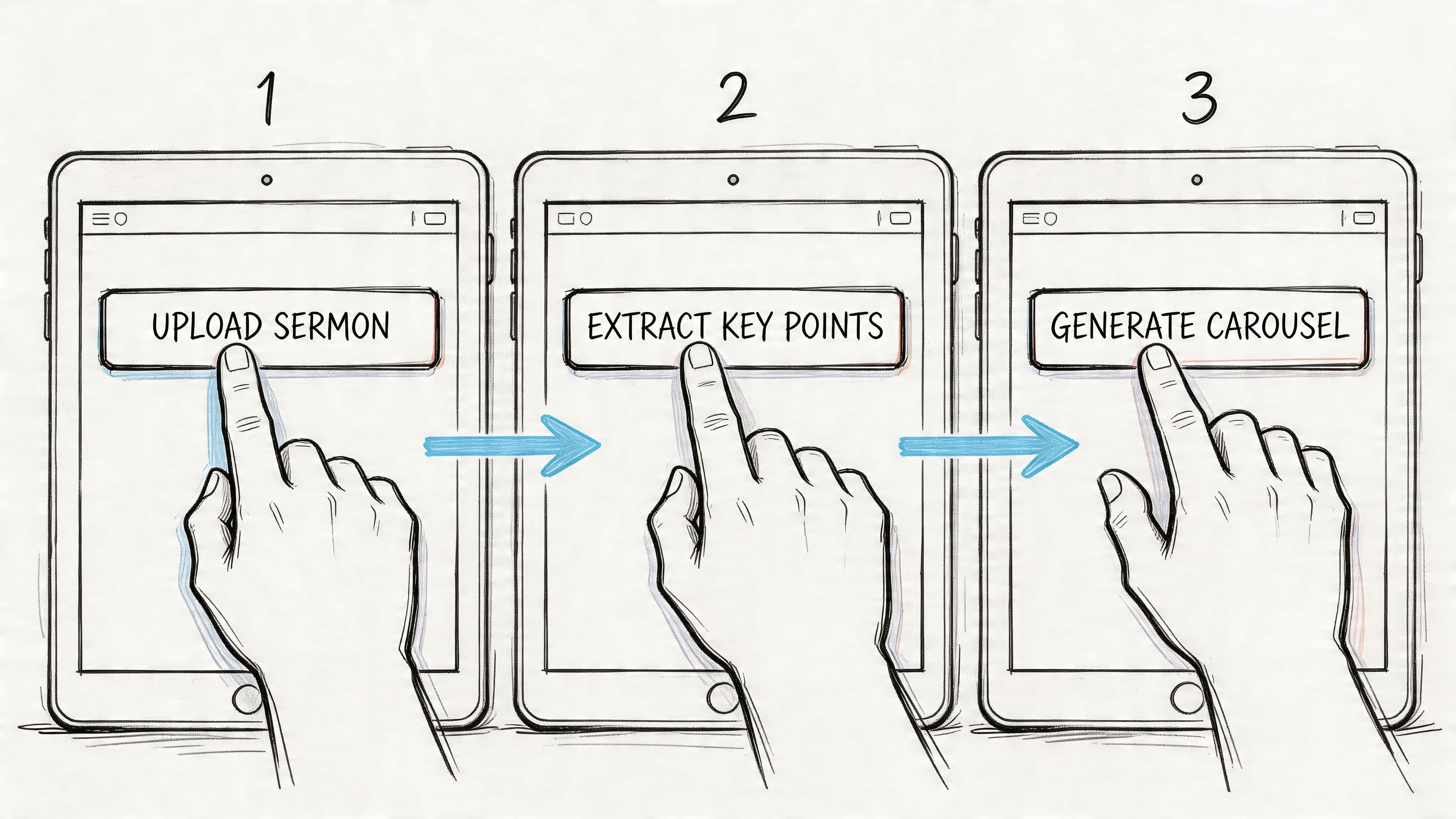 A hand tapping buttons on a tablet screen, illustrating a three-step sermon content carousel generation process.
