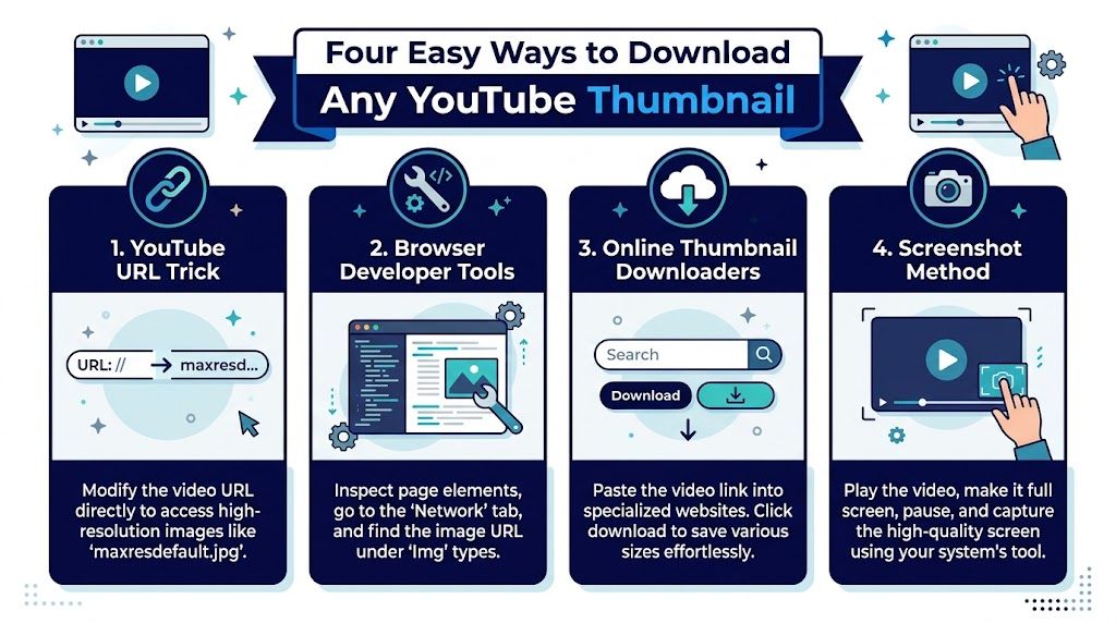 An infographic detailing four easy methods to download YouTube video thumbnails including URL modification and browser tools.