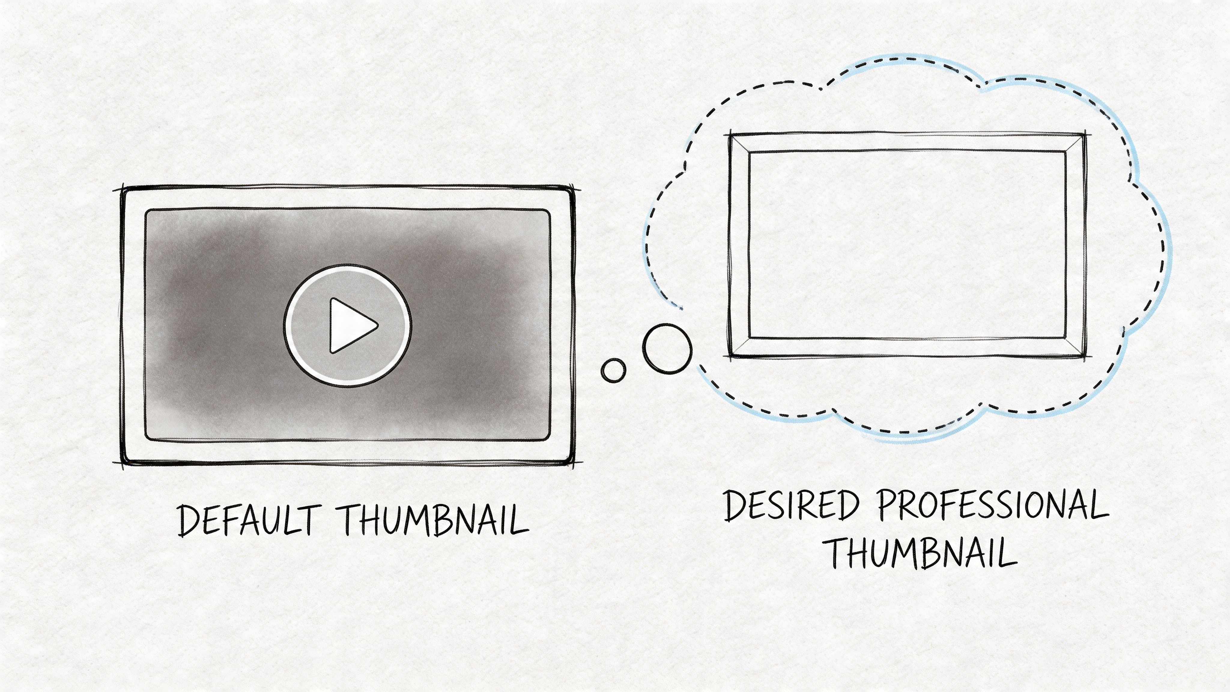 A hand-drawn illustration comparing a default grey YouTube video thumbnail with a blank desired professional thumbnail.