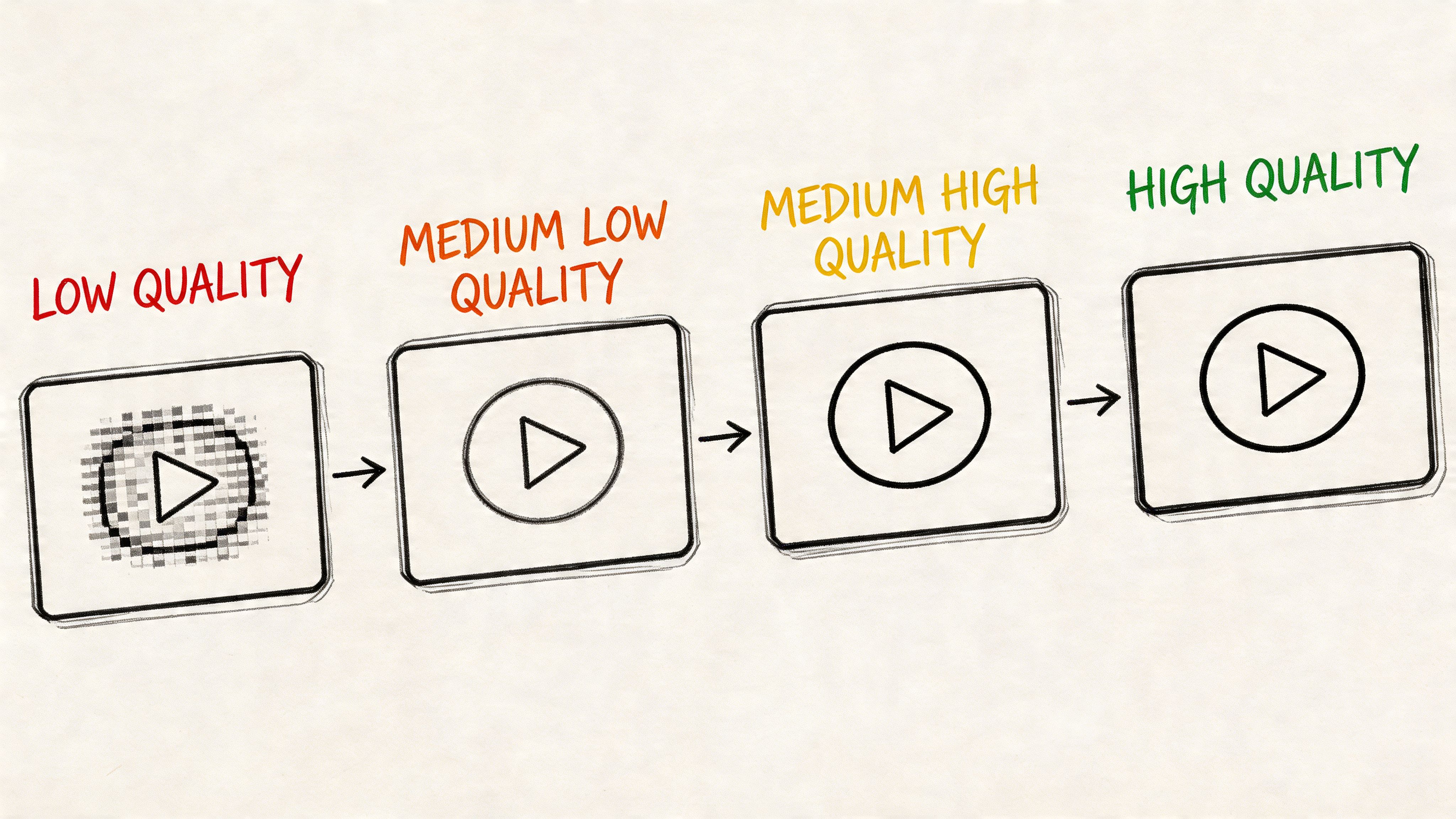 A diagram showing four video player icons progressing from pixelated low quality to clear high quality.