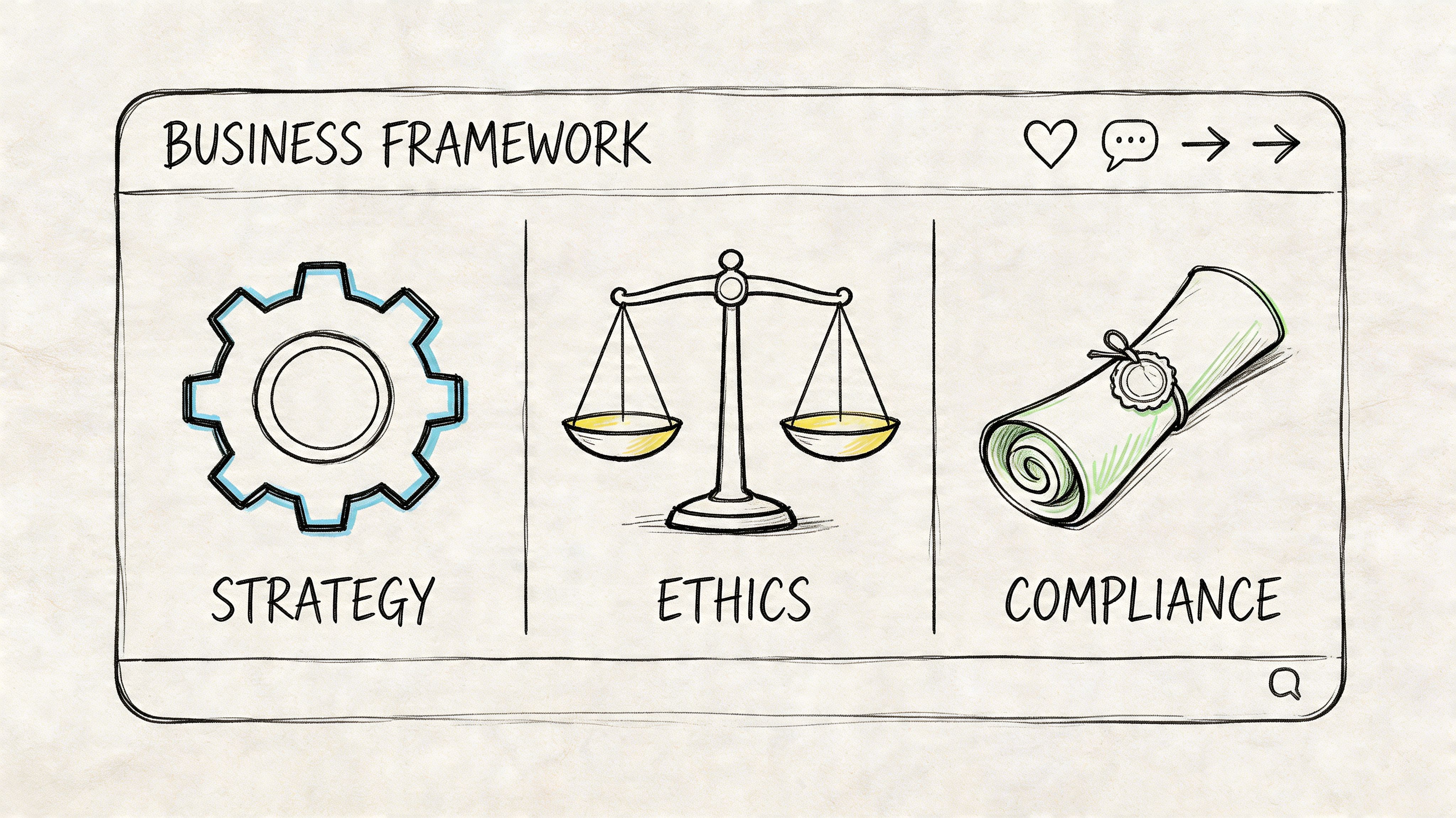 A hand-drawn business framework diagram featuring icons for strategy, ethics, and compliance on a light background.