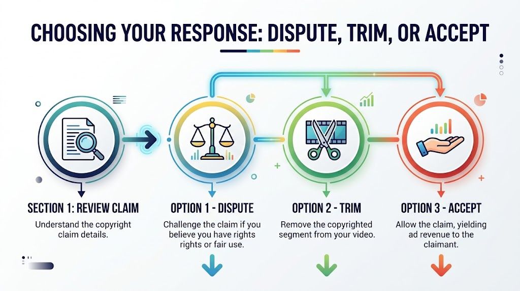 An infographic showing the three options for handling a YouTube copyright claim: dispute, trim, or accept.