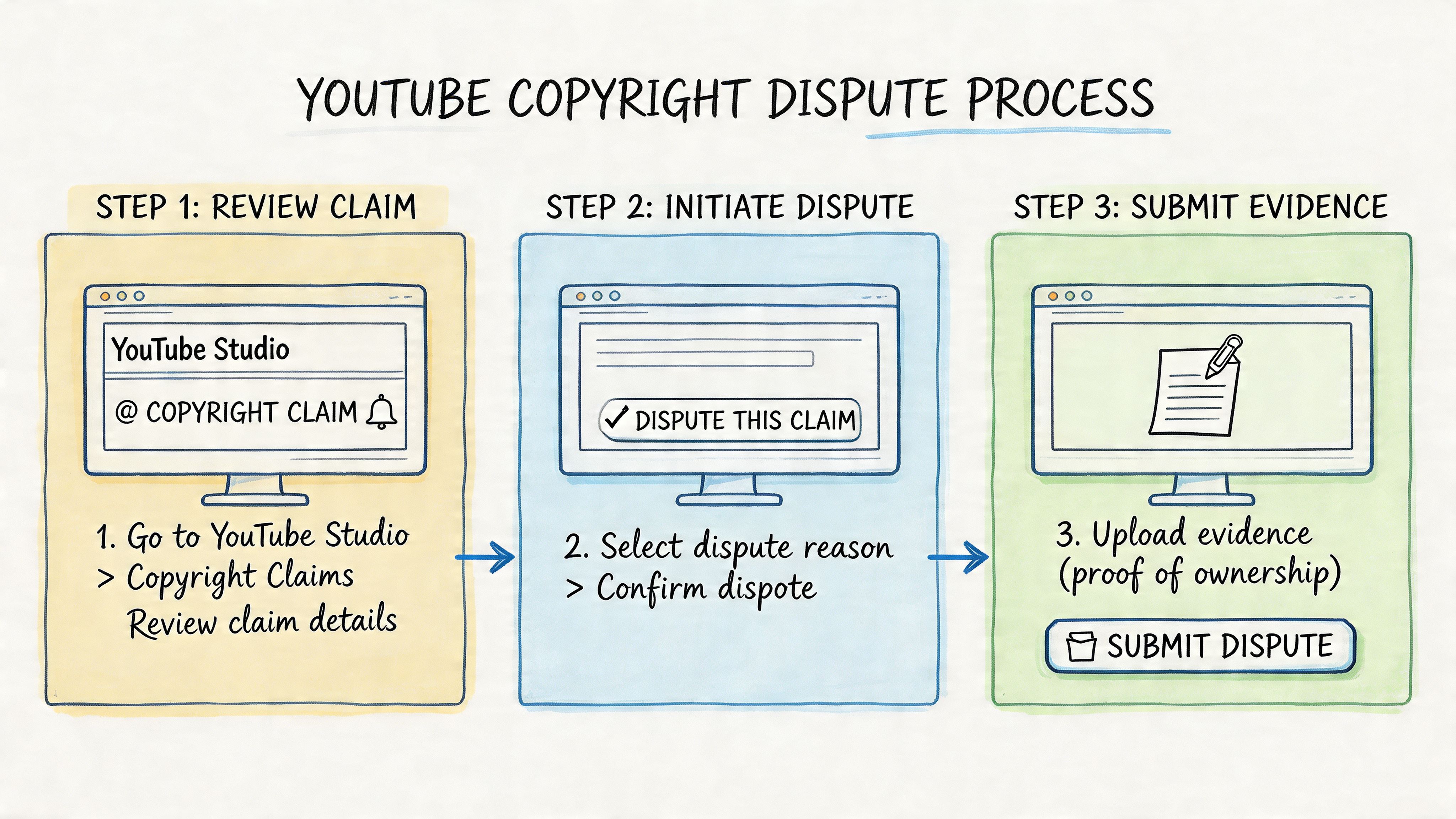 A simple infographic explaining the three-step process for disputing a copyright claim on YouTube studio.