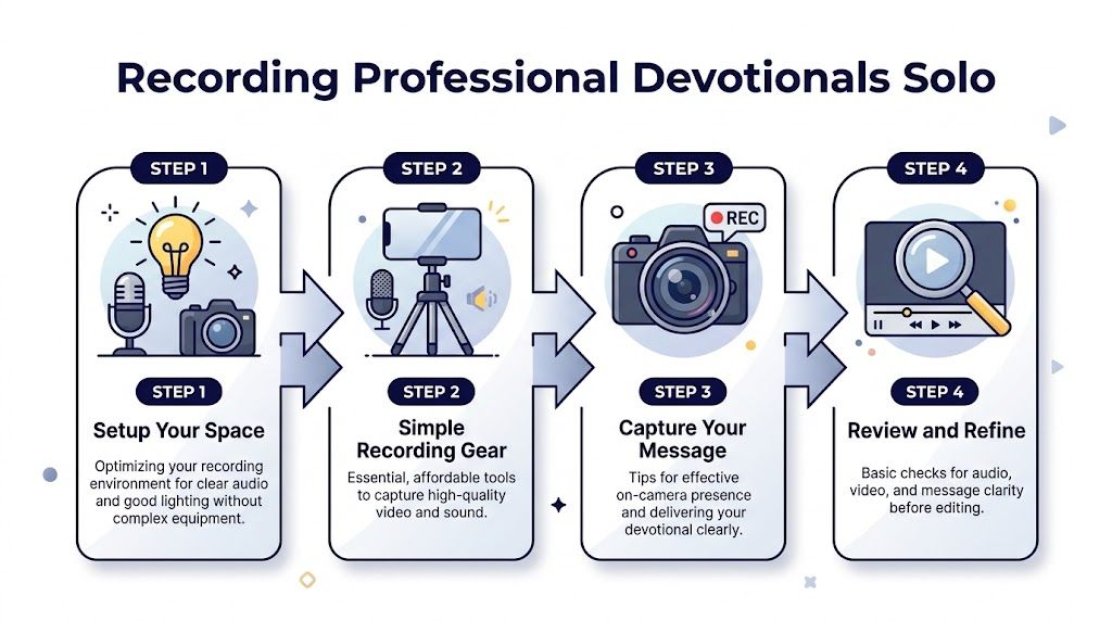An infographic showing four steps for solo recording professional devotional videos including setup, gear, capture, and review.