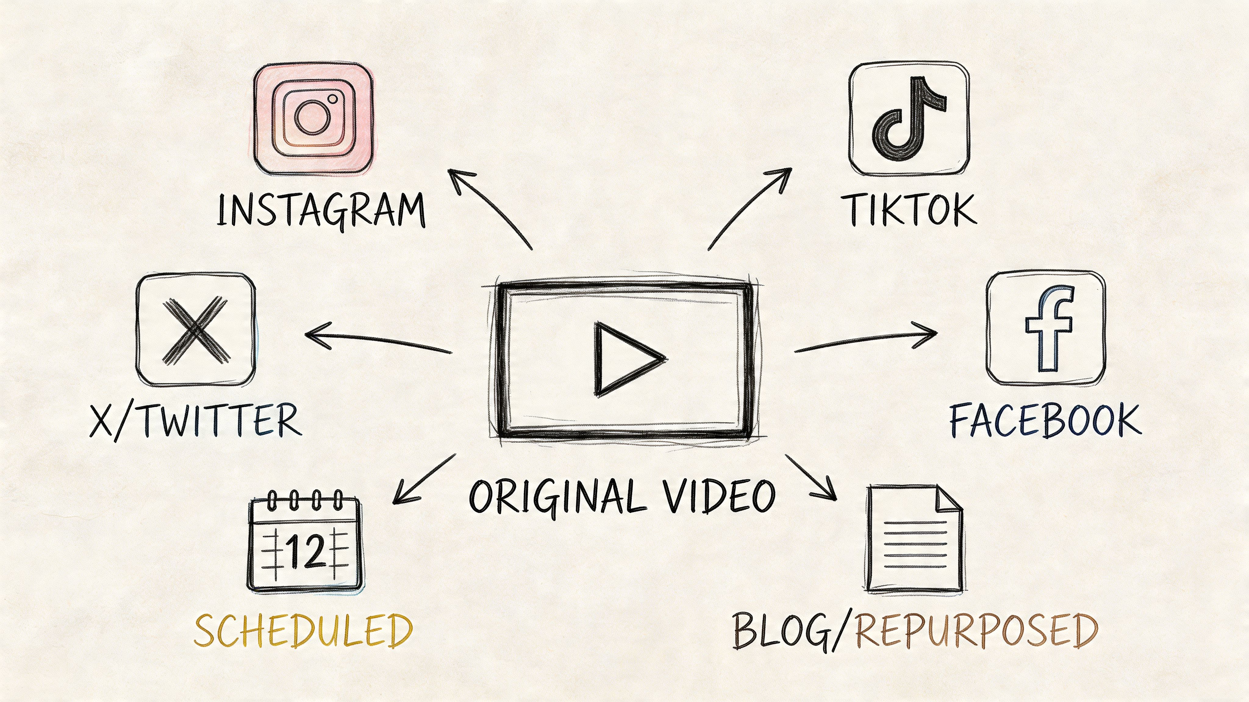 A diagram illustrating a central video content being repurposed and scheduled across various social media platforms.